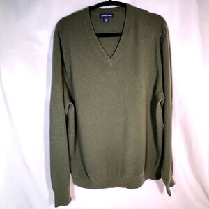 Lands' End Men Green 100% Cashmere V Neck Sweater Sz L Ribbed Hem Cabincore